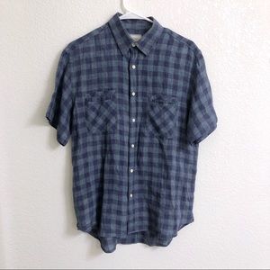 Billy Reid 100% Linen Plaid Short Sleeve Blue & Gray Button Front Men’s Medium